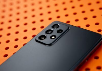 black remote control on orange and white polka dot textile